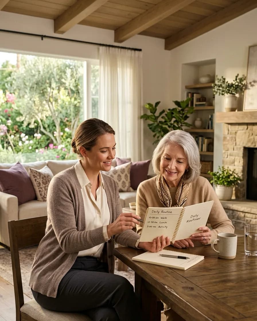 A caregiver and older adult reviewing a written daily routine together at a dining table