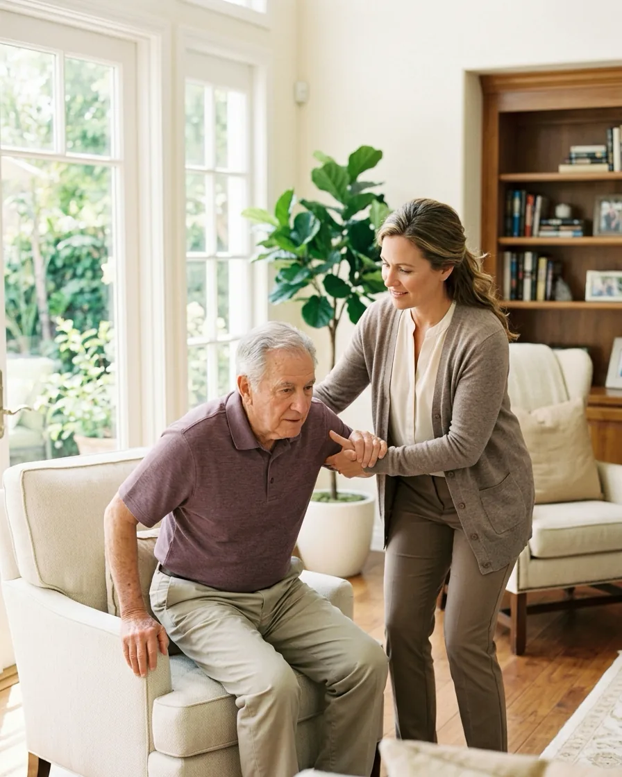 A caregiver helping an older adult rise safely from a chair in a bright living room