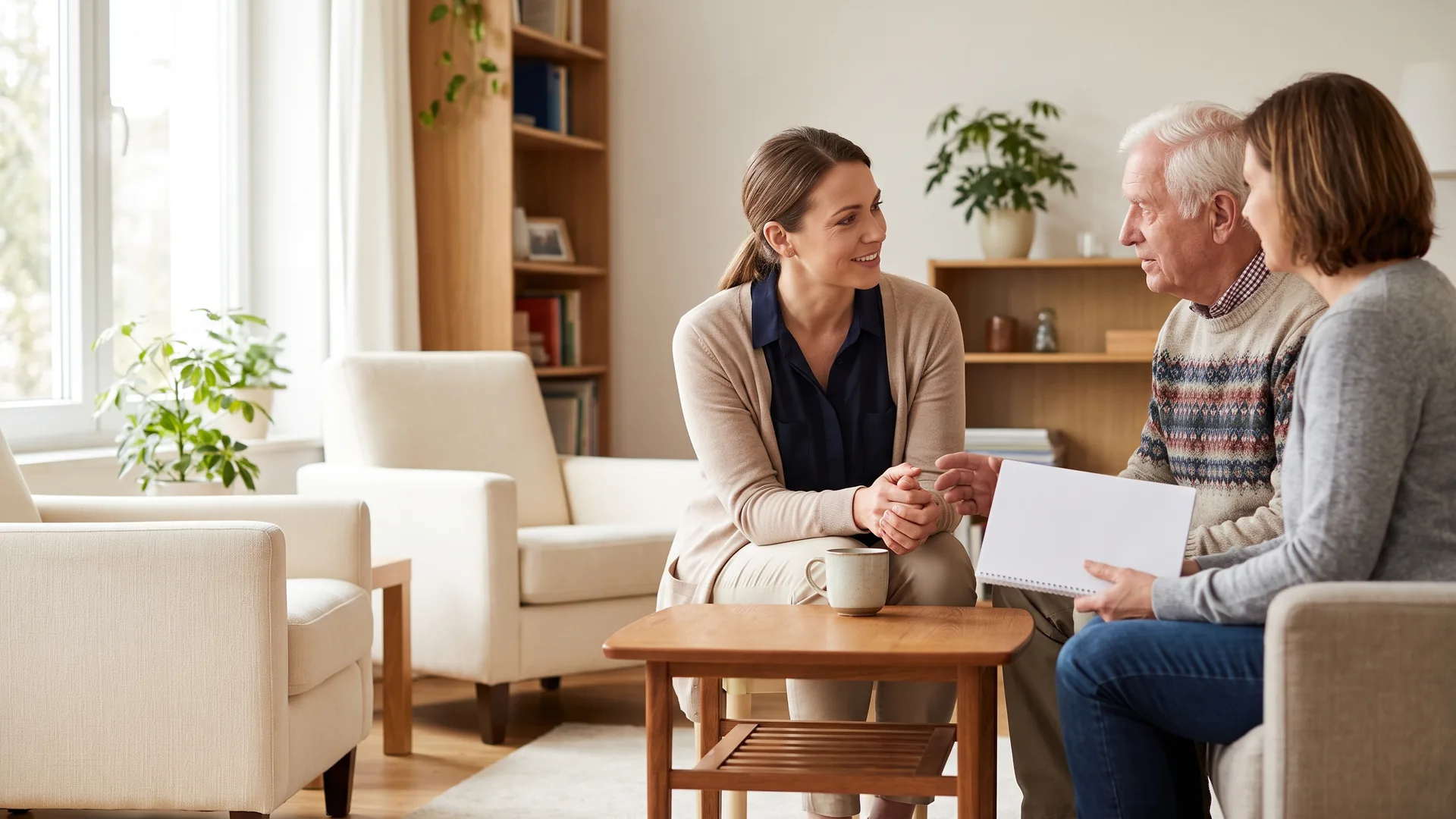 A caregiver listening as an older couple asks questions in a residential living room