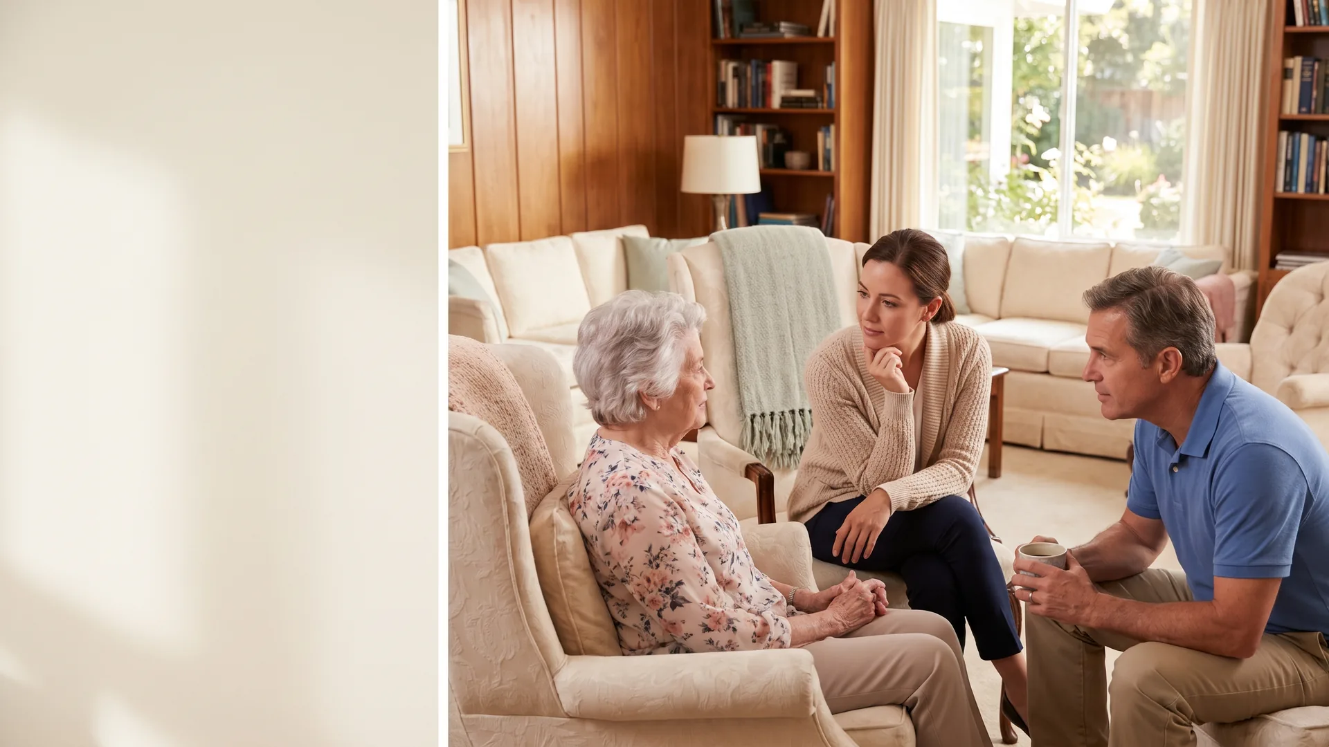 An older adult talking with a caregiver and family member in a comfortable living room