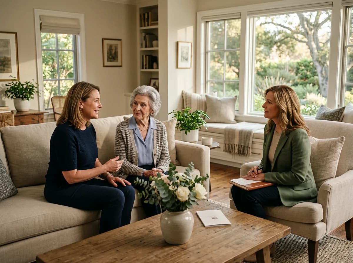 A caregiver and family member talking with an older adult during a calm living-room visit