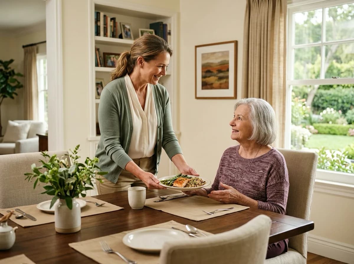 A caregiver serving a freshly prepared meal to an older adult in a residential dining room