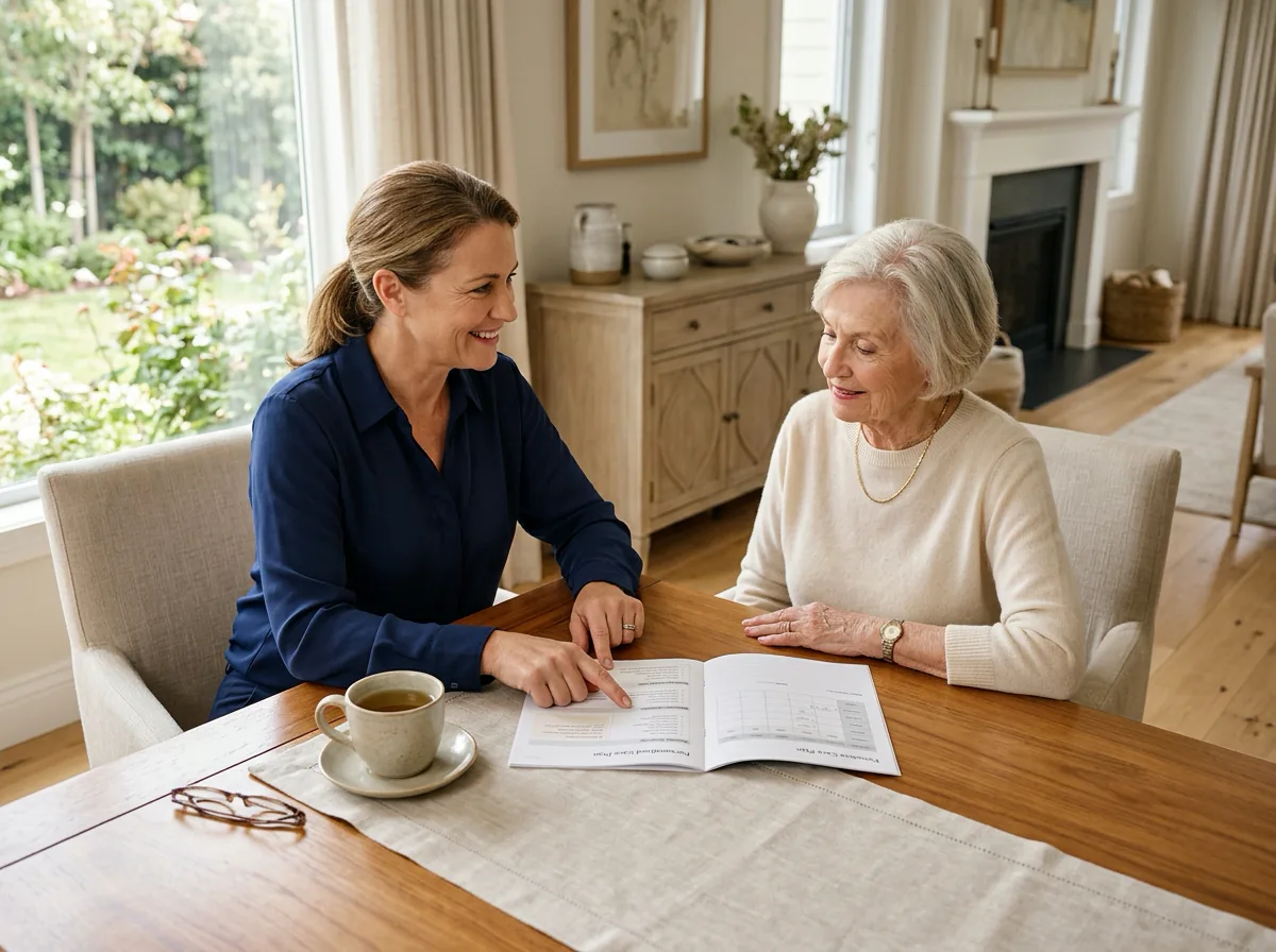 A caregiver reviewing a personalized care plan with an older adult at a bright dining table